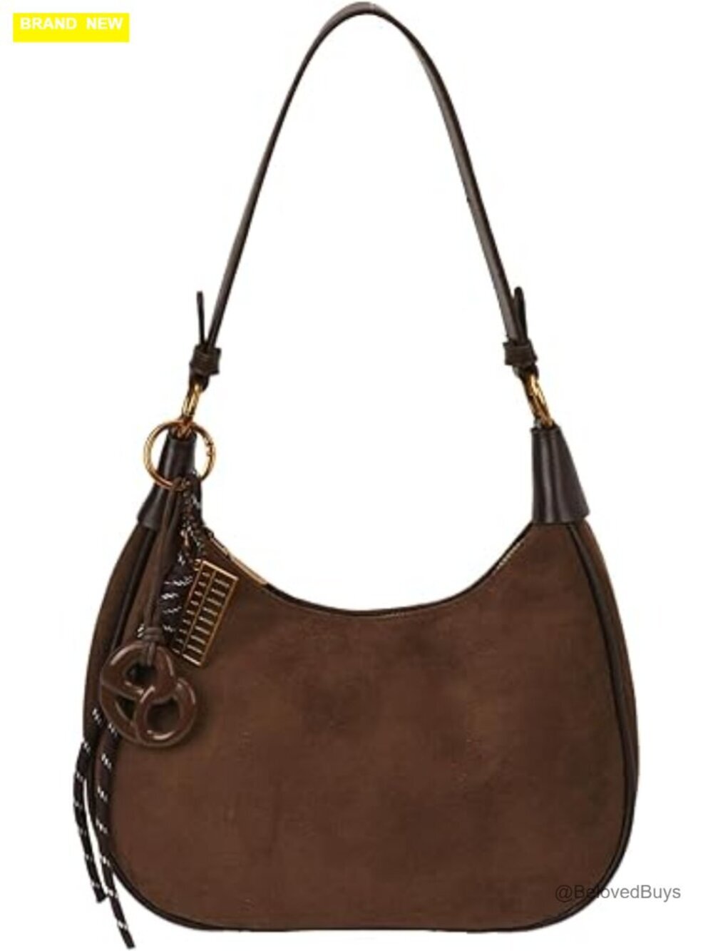 Faux Suede Hobo Crossbody Bag with Removable Charm and Shoulder Strap